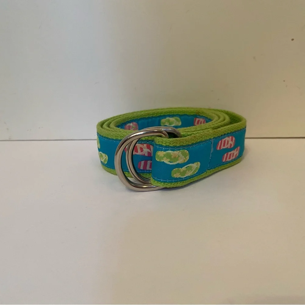 DOUGLAS PAQUETTE BELT GREEN CANVAS WEBBING BLUE FLIP FLOP RIBBON SIZE L USA